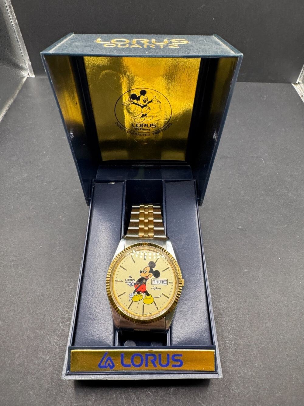 Vtg Lorus Mickey Mouse Watch V533-8A10 Two Tone Fluted Bezel Disney 35mm w/ Case